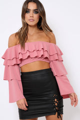 Rose extreme Layered Frill Bardot Crop Top - Nevaeh