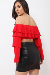 Red extreme Layered Frill Bardot Crop Top - Nevaeh