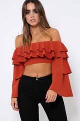Rust extreme Layered Frill Bardot Crop Top - Nevaeh