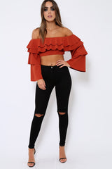 Rust extreme Layered Frill Bardot Crop Top - Nevaeh