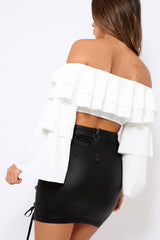 White extreme Layered Frill Bardot Crop Top - Nevaeh