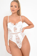 White Scalloped Lace Satin Bodysuit - Jeriah