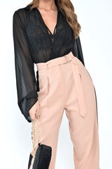 Nude Black Stripe Belted Wide Leg Trousers - Philippa