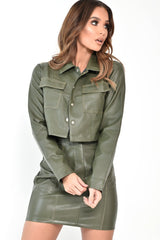 Khaki Faux Leather Contrast Stitch Trucker Jacket- Laianna