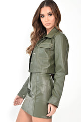 Khaki Faux Leather Contrast Stitch Trucker Jacket- Laianna