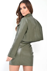 Khaki Faux Leather Contrast Stitch Trucker Jacket- Laianna