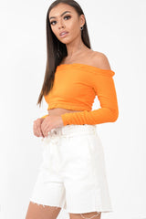 Orange Ribbed Frill Bardot Crop Top - Cassidy