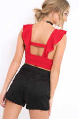 Red Plunge Ruffle Crop Top With Cut Out Back - Nia