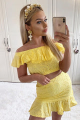 Yellow Broderie Lace Bardot Crop Top Skirt Co-Ord - Dahlia