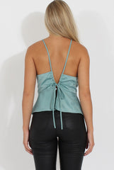 Blue Silky Tie Back Peplum Hem Top - Niamh
