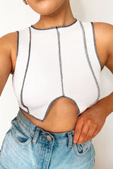 White Ribbed Notch Contrast Stitch Crop Top - Rinnah
