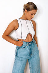 White Ribbed Notch Contrast Stitch Crop Top - Rinnah