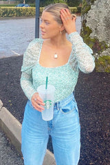 Sage Floral Puff Sleeve Bodysuit - Deana