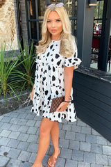 White Black Cow Print Tiered Smock Dress - Makensi