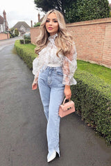 White Floral Half Mesh Ribbed Insert Neck Tie Blouse - Sammie