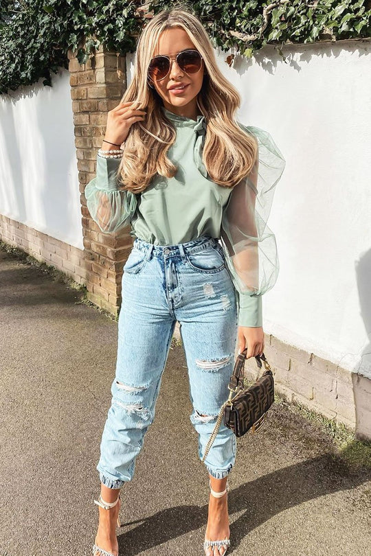 Khaki Mesh Sleeve Bow Neck Blouse - Adelin