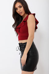 Wine Plunge Ruffle Crop Top With Cut Out Back - Nia