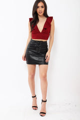 Wine Plunge Ruffle Crop Top With Cut Out Back - Nia