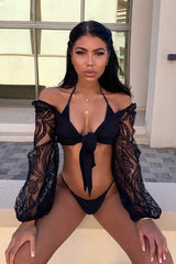 Black Lace Puff Sleeve Tie Front Crop Blouse - Nishka