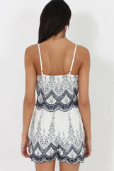 White & Navy Embroidered Layered Playsuit- Nicola