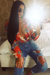 Red Floral Long Sleeve Plunge Bodysuit - Nicole