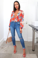 Red Floral Long Sleeve Plunge Bodysuit - Nicole