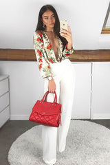 Cream Floral Long Sleeve Plunge Bodysuit - Nicole