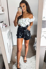 White Ruffle Front Bardot Crop Top - Lacie