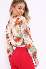 Cream Floral Long Sleeve Plunge Bodysuit - Nicole