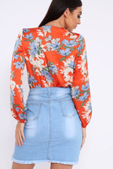Red Floral Long Sleeve Plunge Bodysuit - Nicole