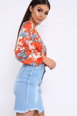 Red Floral Long Sleeve Plunge Bodysuit - Nicole