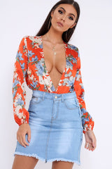 Red Floral Long Sleeve Plunge Bodysuit - Nicole