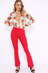 Cream Floral Long Sleeve Plunge Bodysuit - Nicole