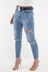 Light Wash Fray Hem Distressed Boyfriend Jeans - Kaiah