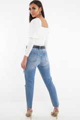 Light Wash Fray Hem Distressed Boyfriend Jeans - Kaiah