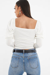 White Puff Sleeve Sweetheart Neckline Crop Top - Tomi