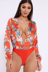 Red Floral Long Sleeve Plunge Bodysuit - Nicole