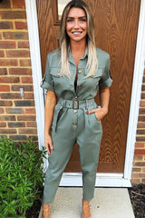 Khaki Front Button Belted Boiler Jumpsuit - Nyrah