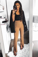 Camel Split Front Flared Trousers - Florie