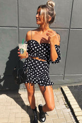 Black White Ruched Frill Heart Print Crop Top and Skirt Co-ord - Skyelar