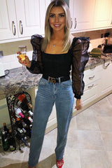 Black Glitter Square Neck Puff Sleeves Top - Triss