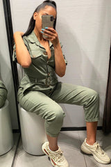 Khaki Front Button Belted Boiler Jumpsuit - Nyrah