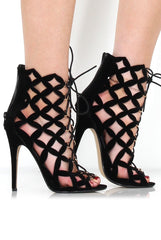 Nikki Black Suede Caged Heels