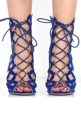 Nikki Blue Suede Caged Heels