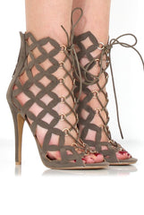 Nikki Khaki Suede Caged Heels