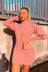 Blush High Neck Balloon Sleeve Knitted Dress - Ginna