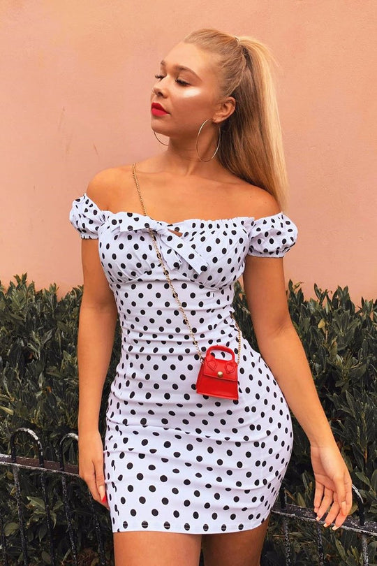 White Black Polka Bardot Milkmaid Dress - Roya
