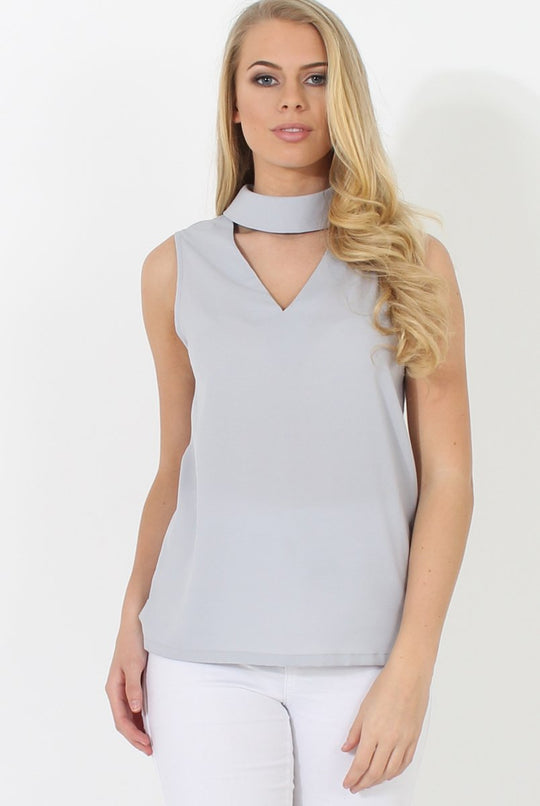 Nina Grey High Neck V Front Top