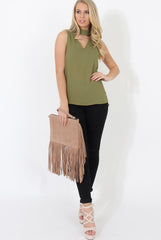 Khaki High Neck V Front Top - Nina