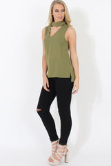 Khaki High Neck V Front Top - Nina